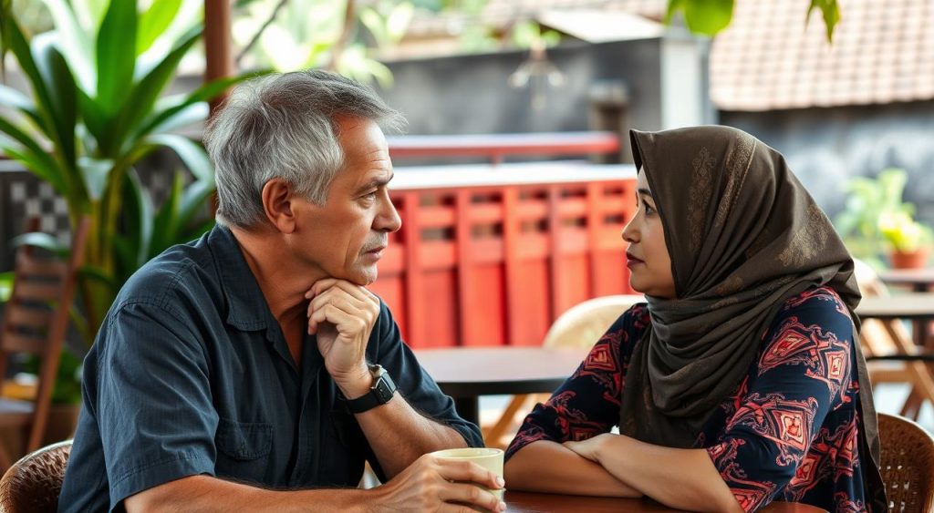 Couple discussing cultural differences at Bali cafe