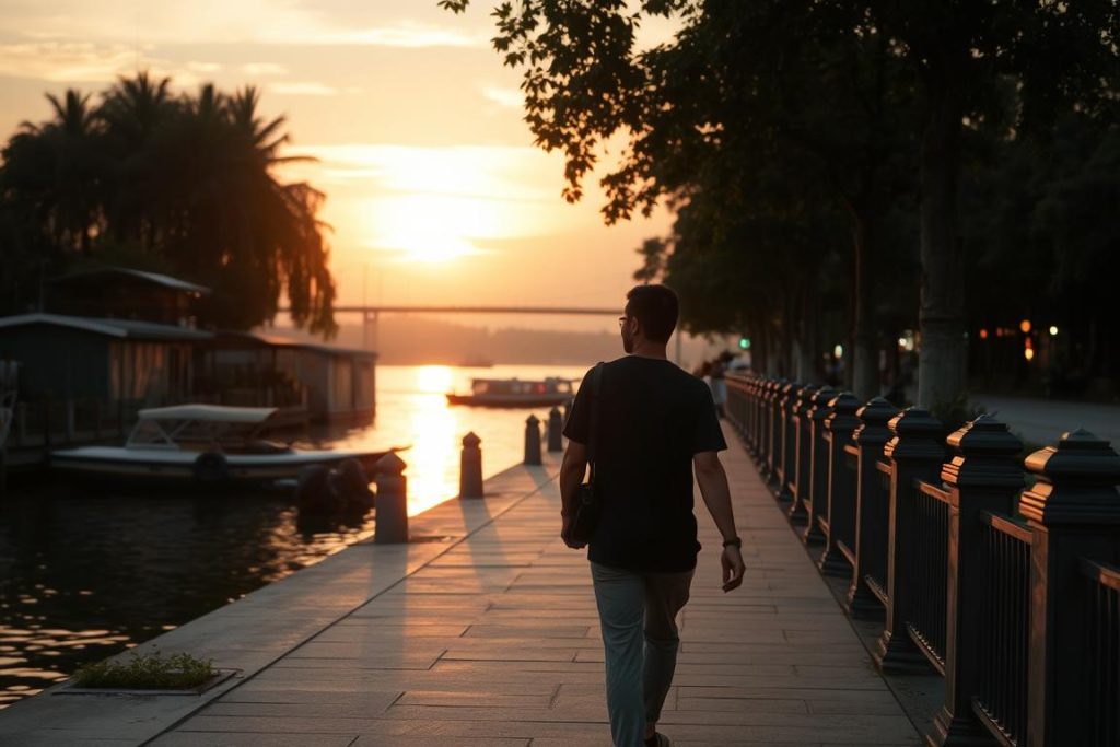 Young travelers enjoying affordable adventure at Phnom Penh riverside