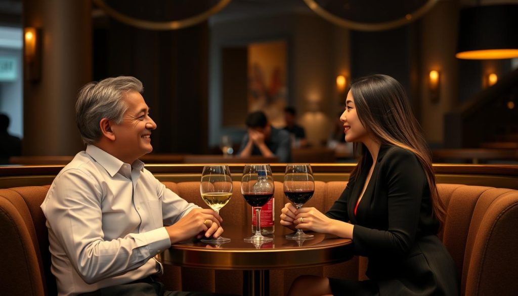 Friends enjoying conversation at a quiet corner table in an upscale Jakarta lounge Friends enjoying conversation