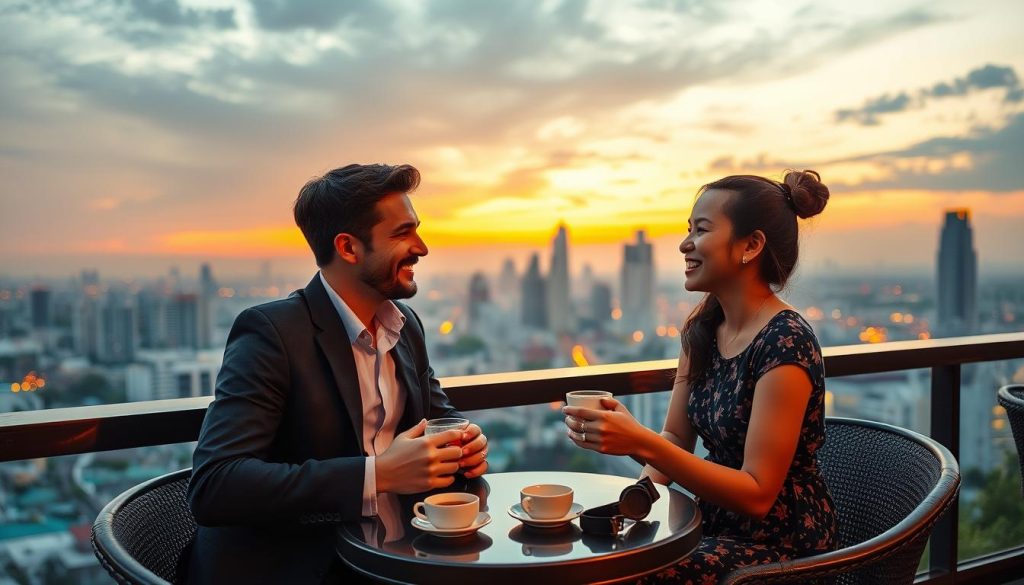 Travelers enjoying conversation at a rooftop cafe overlooking Ho Chi Minh City