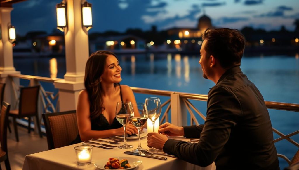 Group enjoying dinner at a riverside restaurant in Siem Reap, showing costs