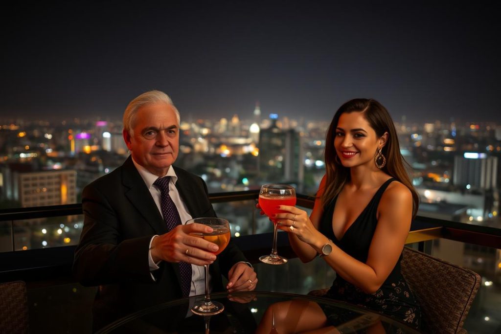 Travelers enjoying drinks at a rooftop bar in Phnom Penh