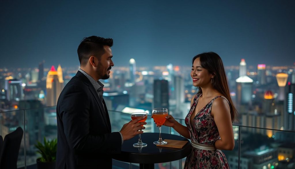 Friends enjoying drinks at a rooftop bar with city views in Ho Chi Minh City Nightlife in Ho Chi Minh City