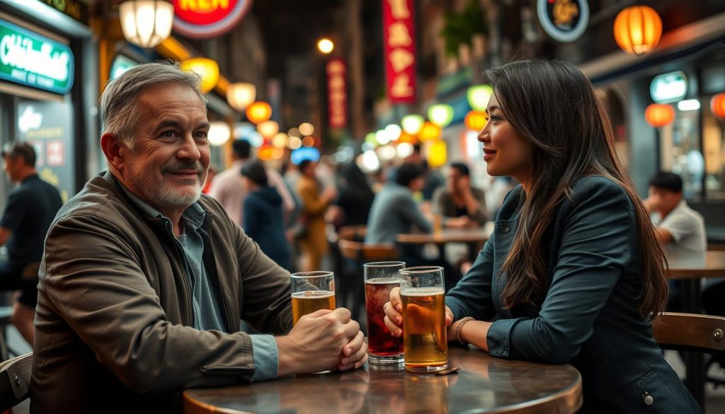 Travelers having drinks on Beer Street