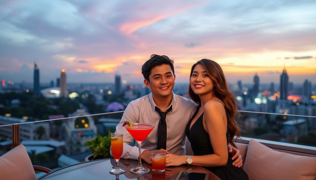 Young travelers enjoying rooftop bar with Saigon skyline view, representing higher-end cost of travel in Vietnam