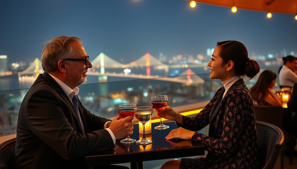 Travelers enjoying rooftop bar with views of Da Nang at night