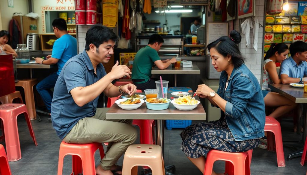 Travelers enjoying street food in Hanoi, representing budget options and cost of travel in Hanoi
