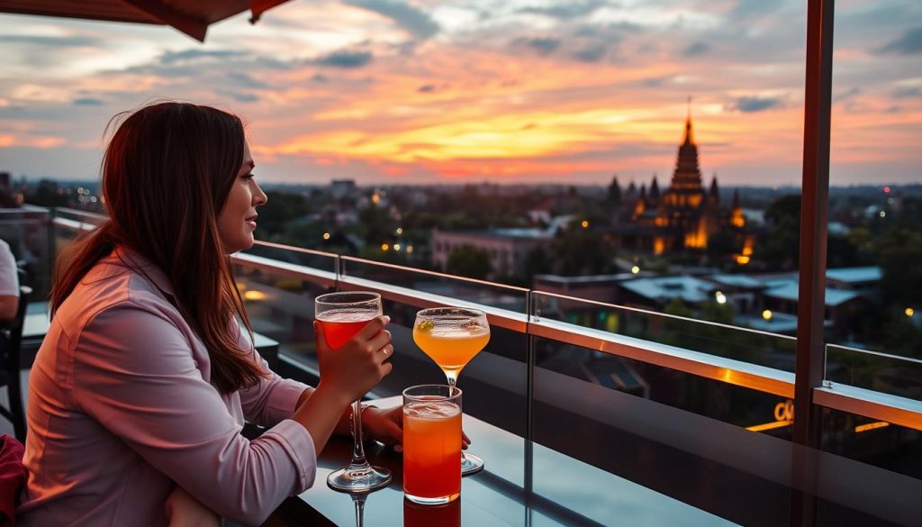 Travelers enjoying sunset drinks at a rooftop bar in Siem Reap Travelers enjoying sunset drinks at a rooftop bar in Siem Reap
