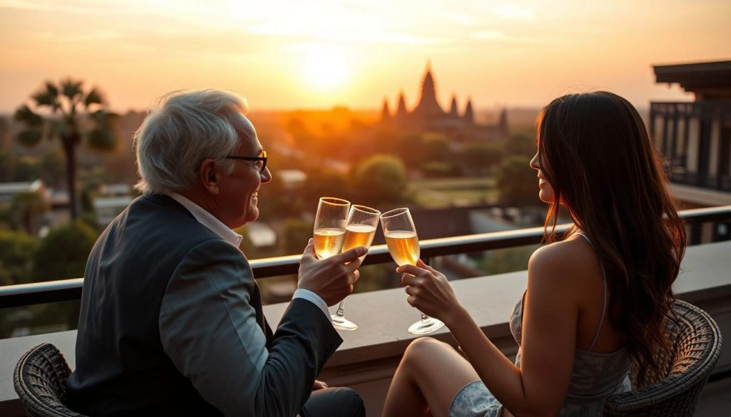 Travelers enjoying sunset drinks overlooking Angkor temples Travelers enjoying sunset drinks overlooking Angkor temples