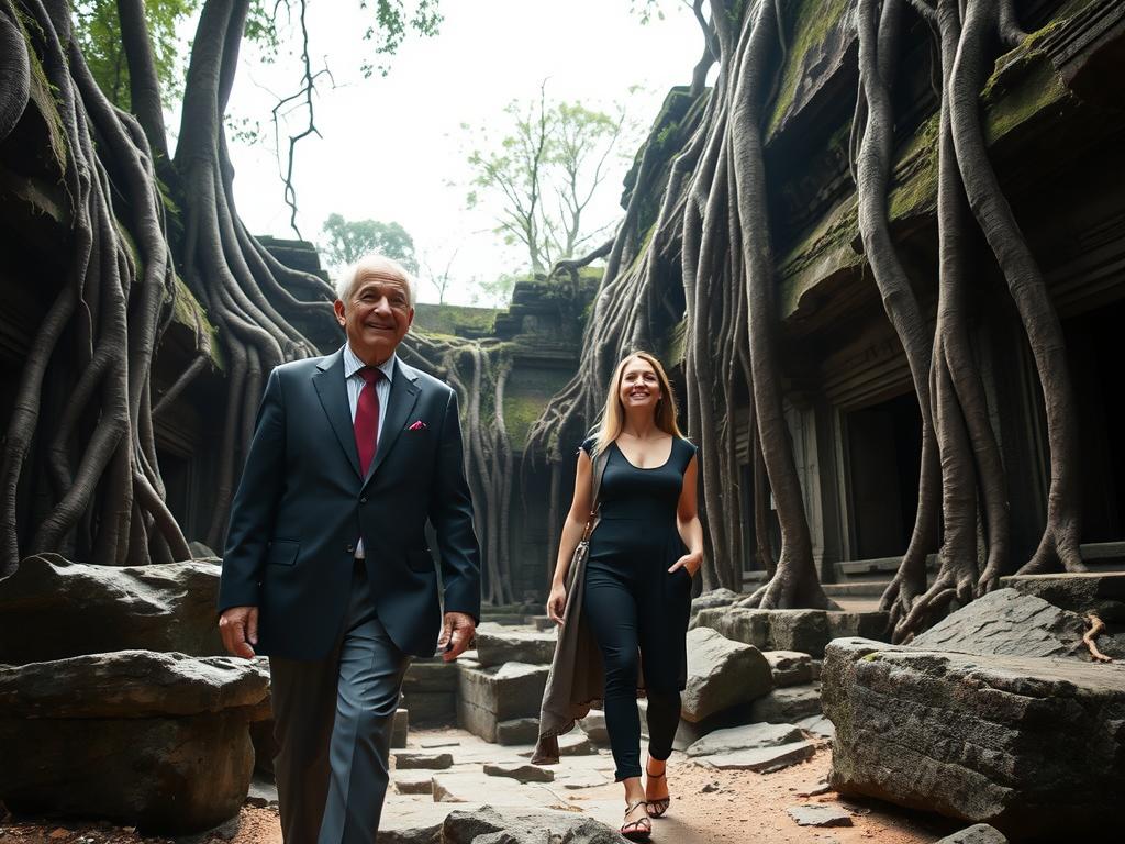 Travelers exploring Ta Prohm temple in Siem Reap, Cambodia