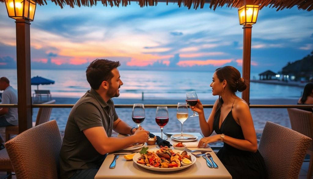 Travelers having dinner with beach view in Da Nang, showing cost of travel in a coastal city