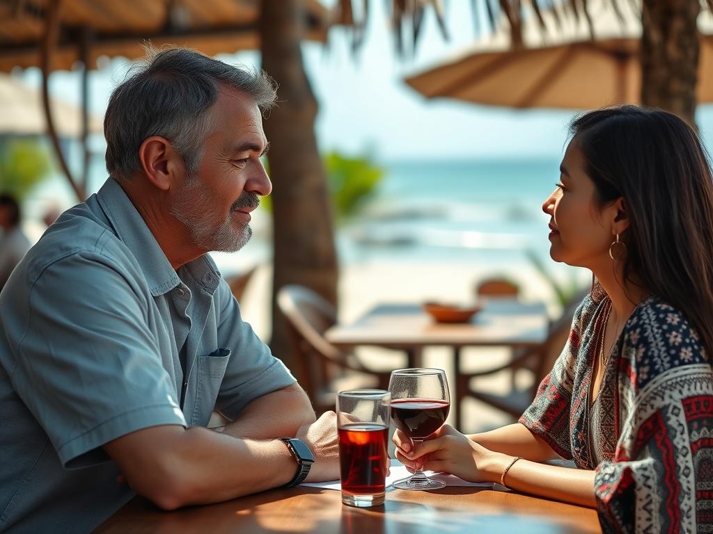 Couple having serious conversation about relationship expectations in Bali setting