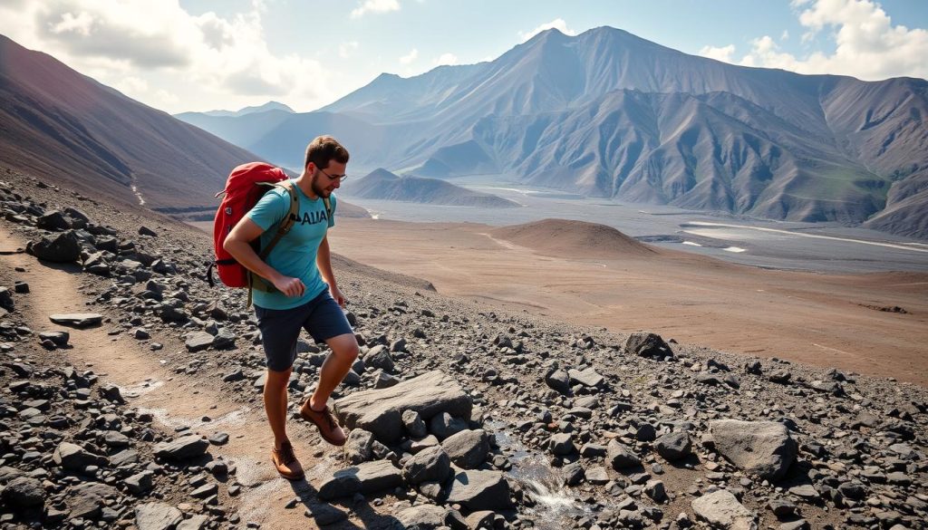 Travelers hiking on Mount Pinatubo trail with volcanic landscape Travelers hiking on Mount Pinatubo trail with volcanic landscape