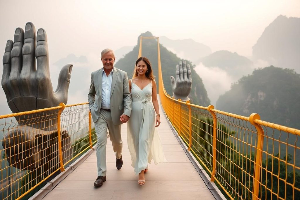 Travelers on Golden Bridge at Ba Na Hills in Da Nang