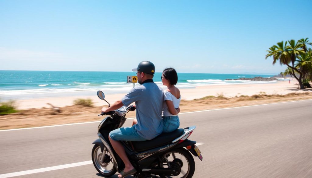 Travelers on a motorbike exploring Da Nang's coastal road