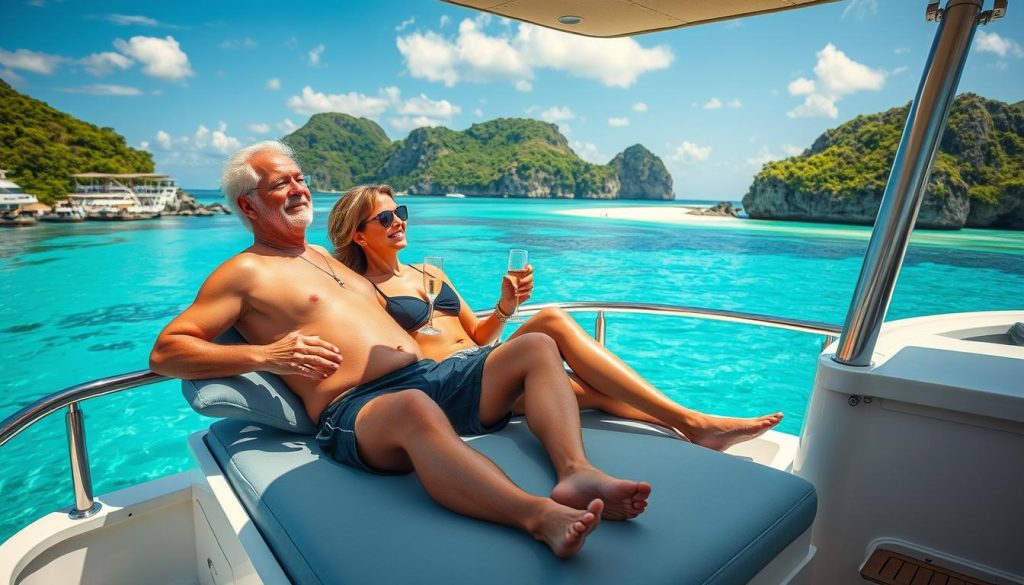 Travelers on private yacht exploring Bali's coast