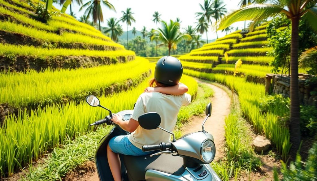 Young travelers riding a scooter through rice fields in Bali, representing transportation cost of adventure in Bali