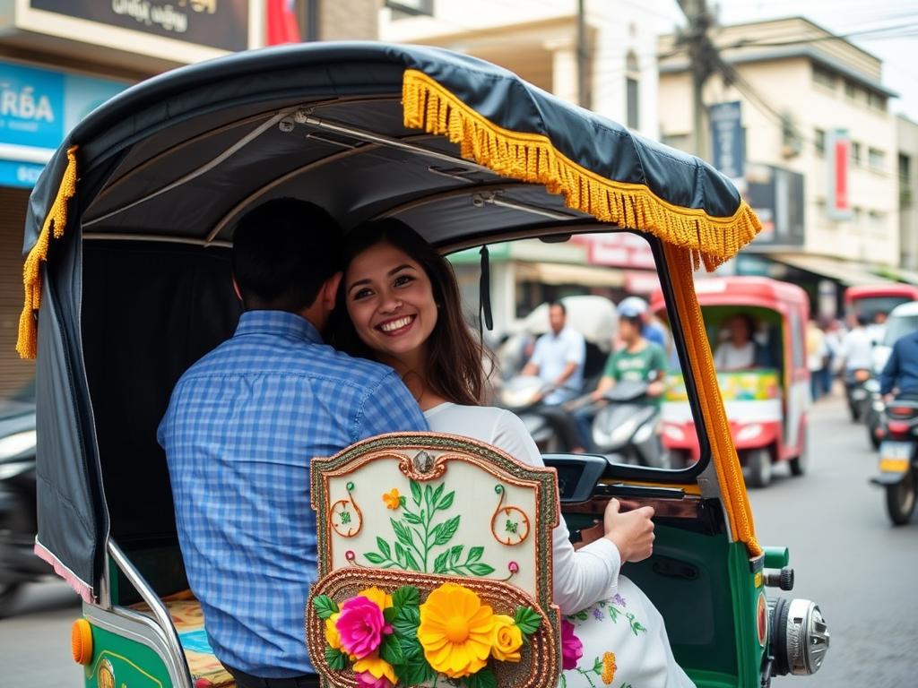 Friends riding in a traditional tuk-tuk in Siem Reap Friends riding in a traditional tuk-tuk in Siem Reap