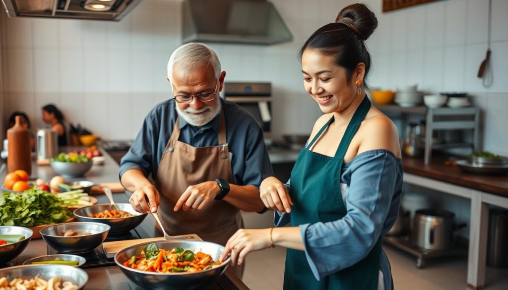 Travelers taking a Khmer cooking class in Cambodia