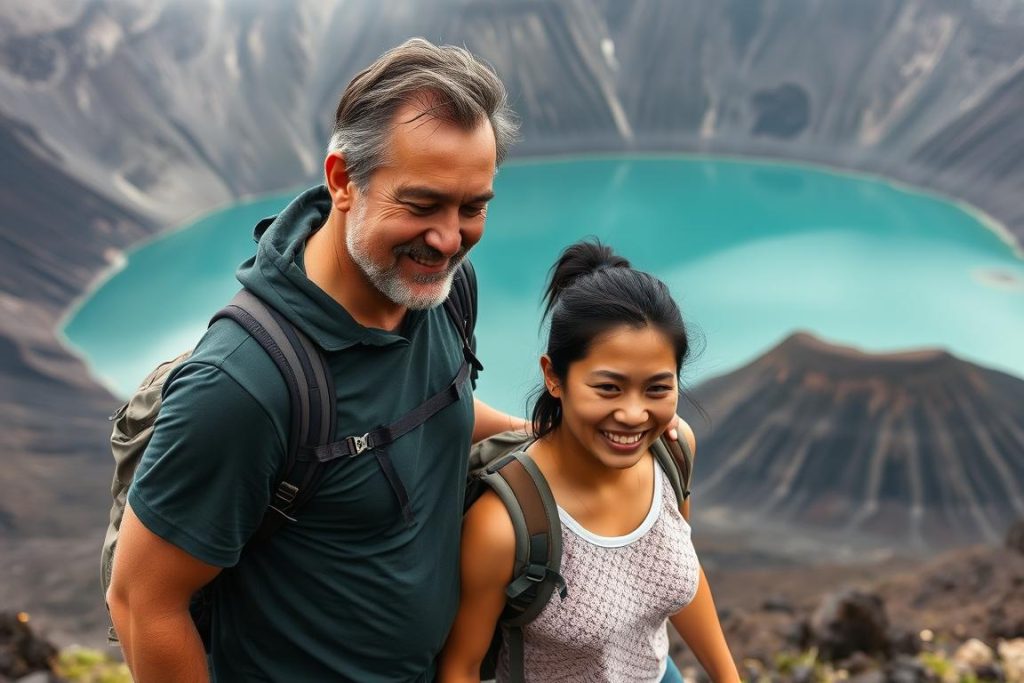 Friends trekking to Mount Pinatubo crater lake - adventurous things to do in Philippines