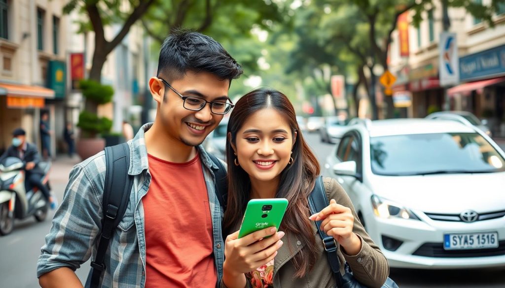 Travelers using the Grab app to book a ride in Ho Chi Minh City Transportation in Ho Chi Minh City