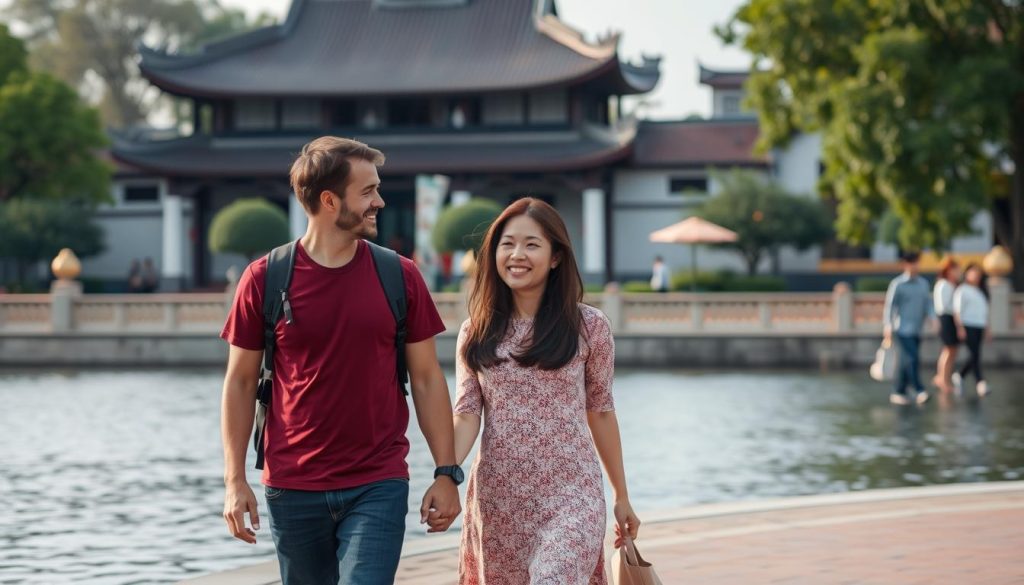 Travelers walking around Hoan Kiem Lake in Hanoi, representing moderate cost of travel in Vietnam