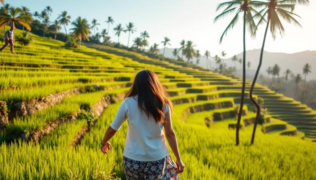 Travelers walking through Tegalalang Rice Terraces in Bali