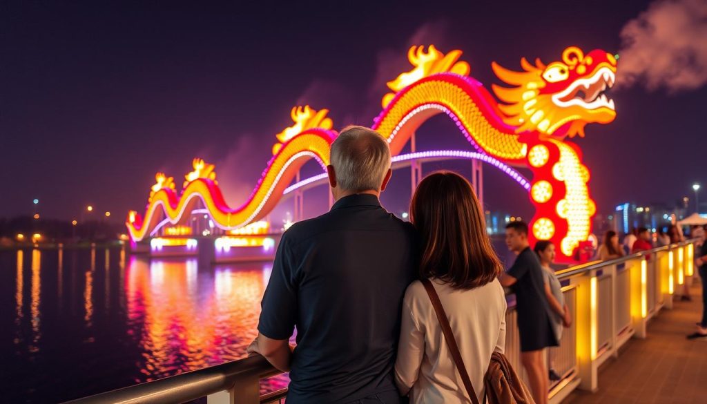 Travelers watching Dragon Bridge fire show in Da Nang