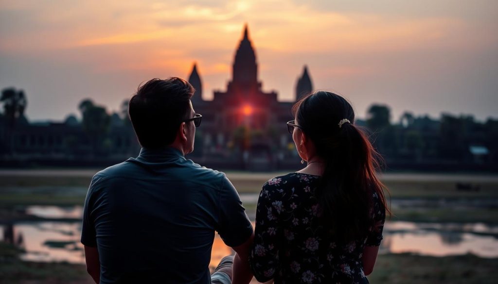 Friends watching sunset at Angkor Wat after meeting on a travel app