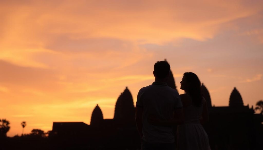 Travelers watching sunset at Angkor Wat temple in Siem Reap Travelers watching sunset at Angkor Wat temple in Siem Reap