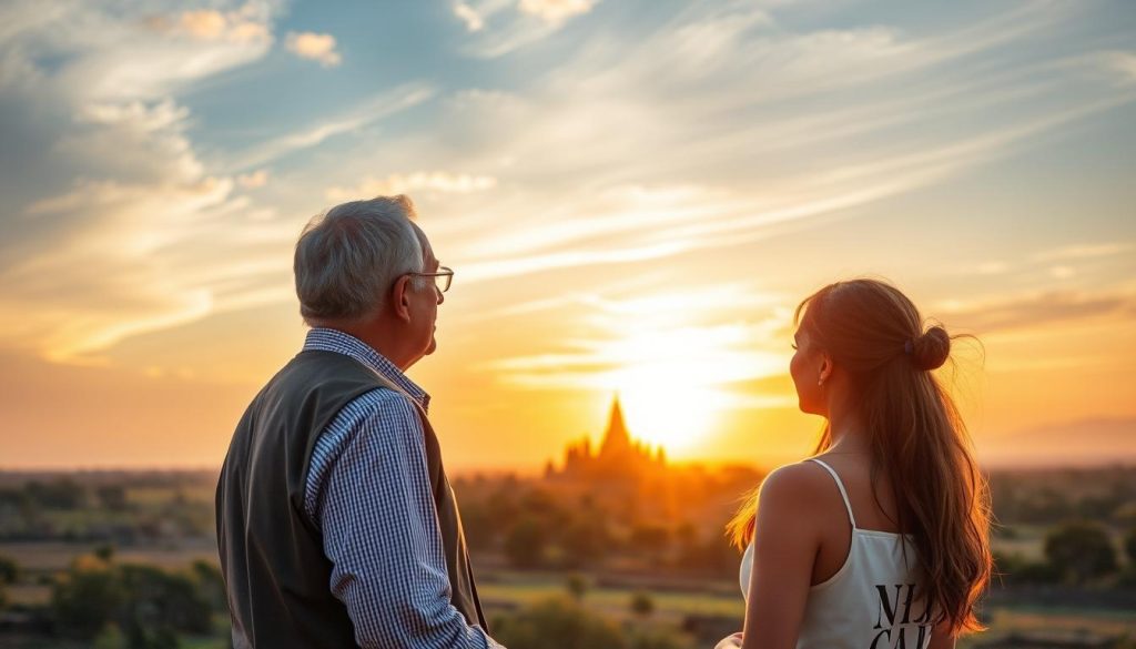 Travelers watching sunset over Cambodia