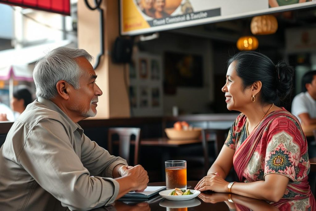 Cross-cultural communication between Western man and Cambodian woman showing respectful interaction Cross-cultural communication between young traveler and local