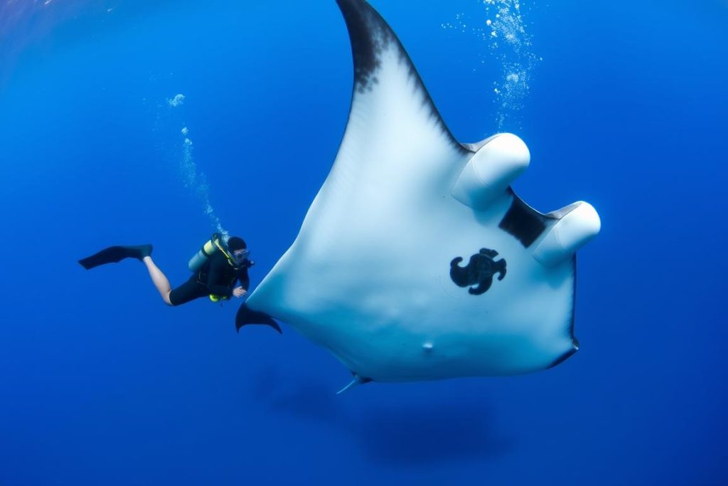 Diver swimming with manta ray in Komodo National Park, Indonesia