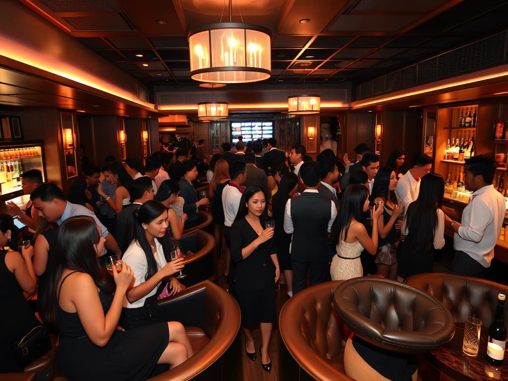 Diverse crowd at a Jakarta nightclub with well-dressed patrons enjoying drinks and conversation jakarta nightlife for young travelers