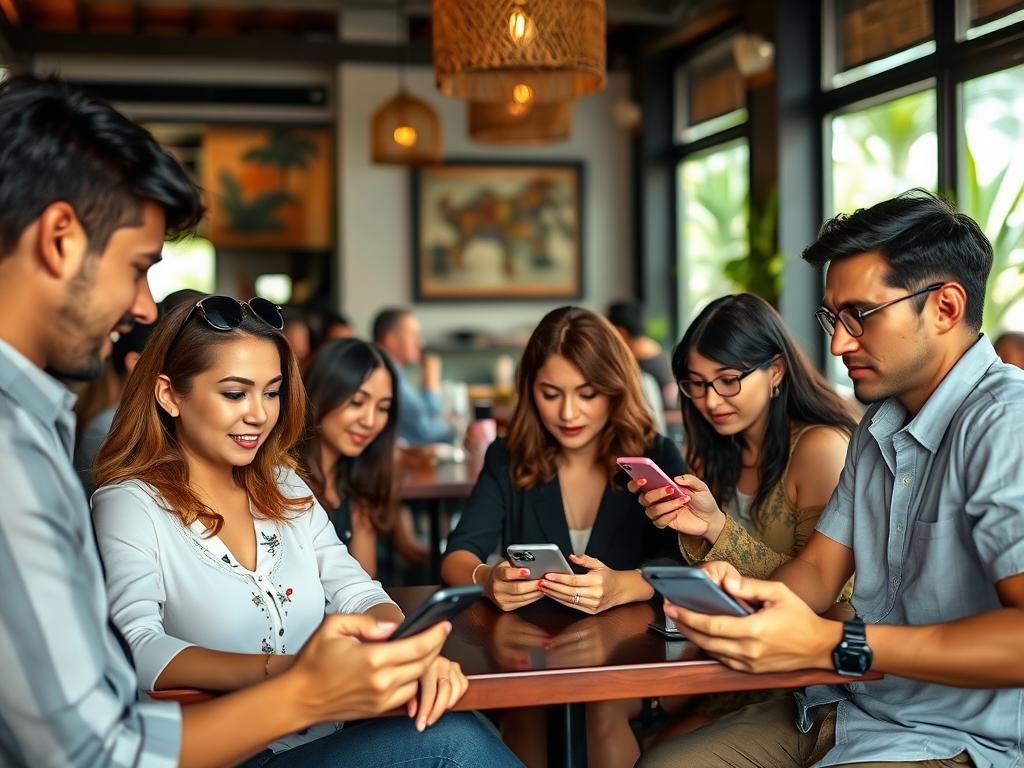 Diverse group of people using best travel apps in Bali best travel apps in bali for meeting fellow travelers