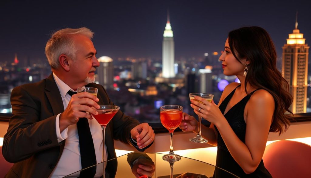 Travelers at a rooftop bar