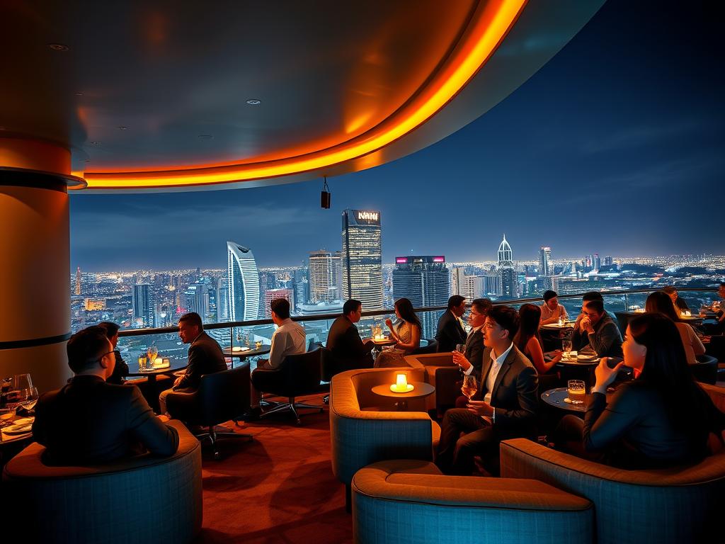 Elegant rooftop bar in BGC with well-dressed patrons enjoying cocktails with Manila skyline views