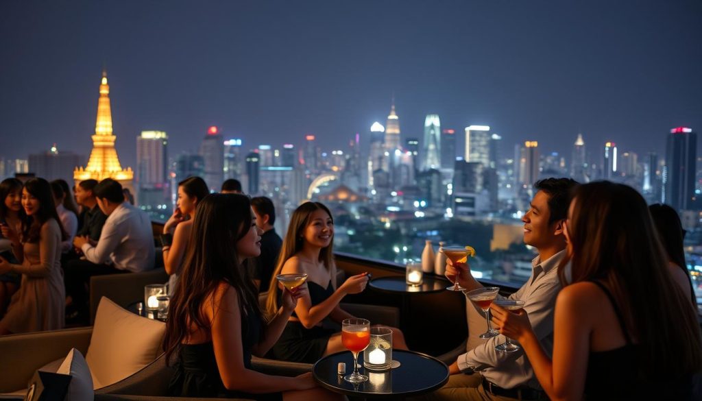 Elegant rooftop bar in Bangkok with city skyline view at night