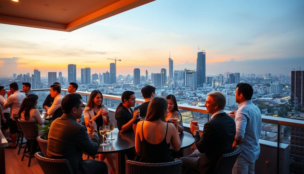 Elegant rooftop bar in Manila with mixed group of locals and expatriates socializing