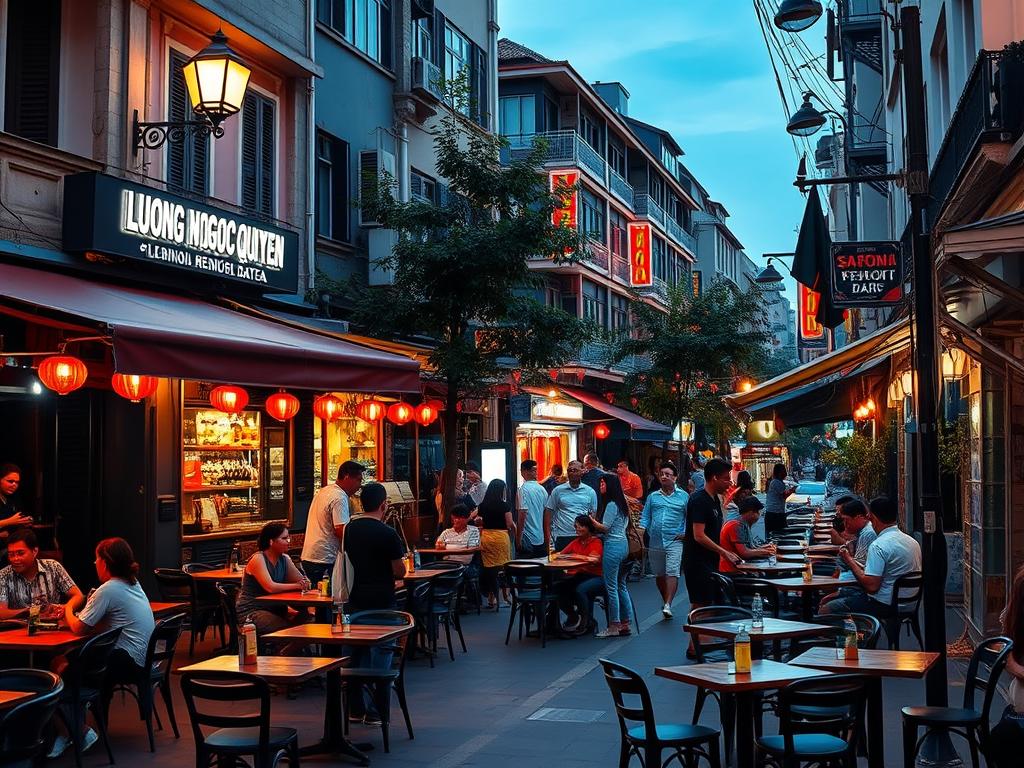 Evening scene at Luong Ngoc Quyen Street showing outdoor bars and restaurants