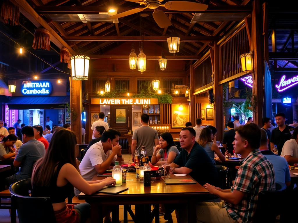 Evening scene at a restaurant in Siem Reap showing the tourist-oriented atmosphere Evening scene at a restaurant in Siem Reap showing the high-energy atmosphere