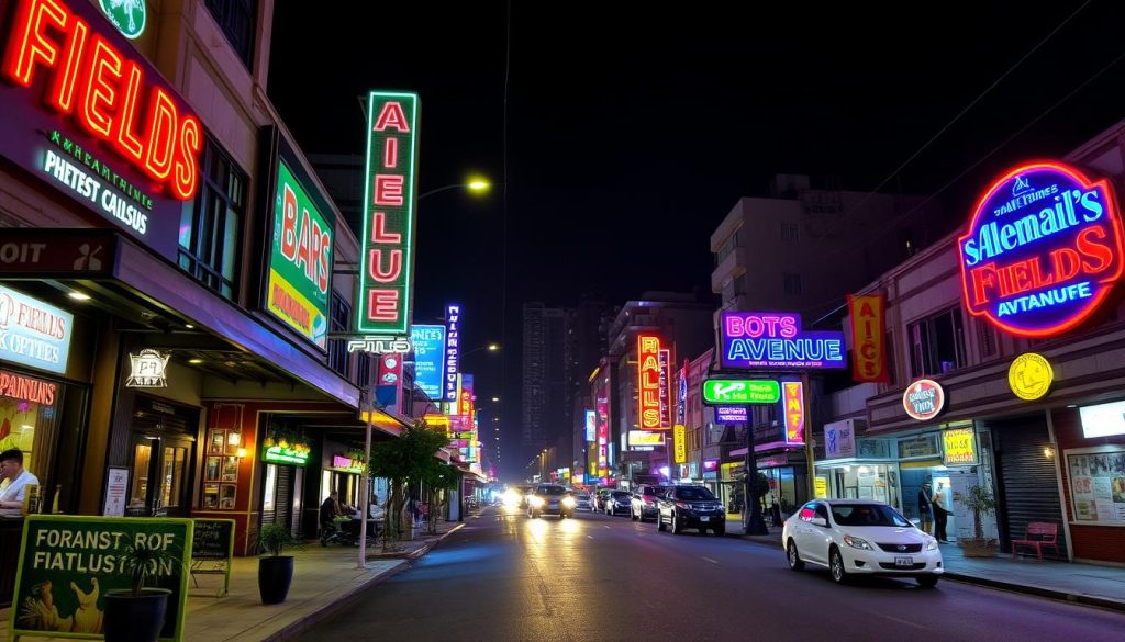 Fields Avenue at night showing hostels near entertainment venues in Angeles City Fields Avenue at night showing hostels near entertainment venues in Angeles City