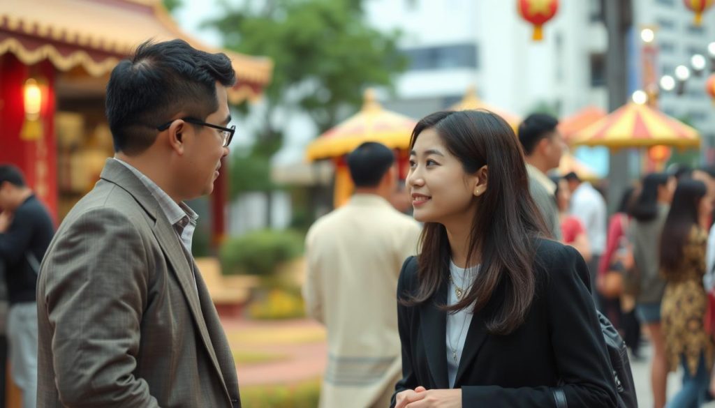 Travelers having conversation at a cultural event in Ho Chi Minh City