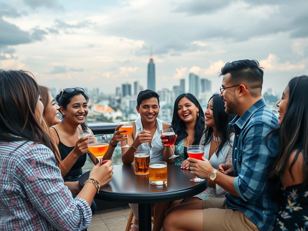 Group of friends socializing at a Manila rooftop bar