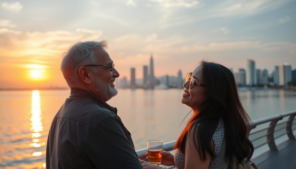 Happy couple enjoying sunset view of Manila Bay