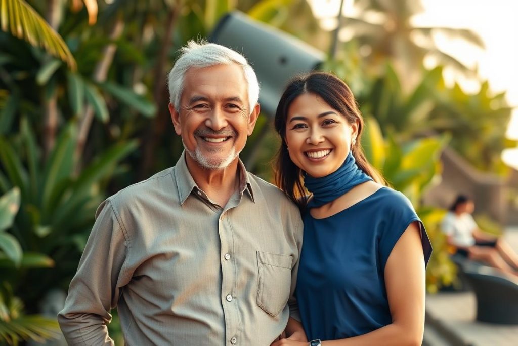 Happy travelers who met through an app in Indonesia Happy group of travelers who met through an app in Indonesia