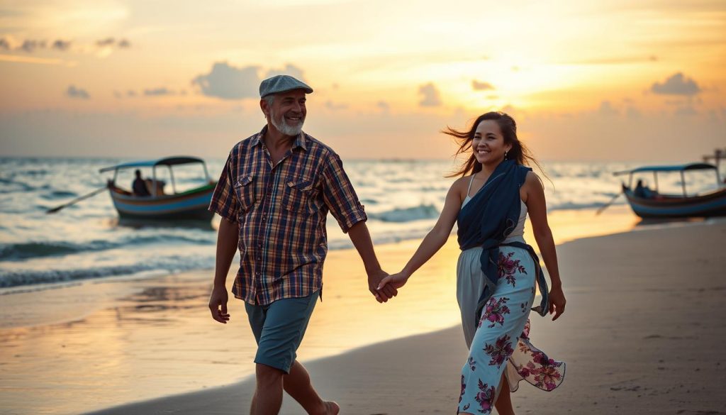 Happy mixed-age couple enjoying Bali sunset together