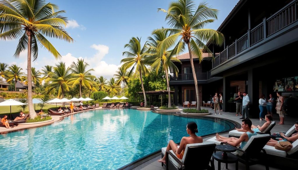 Hotel pool area in Siem Reap where travelers socialize, ideal for meeting people