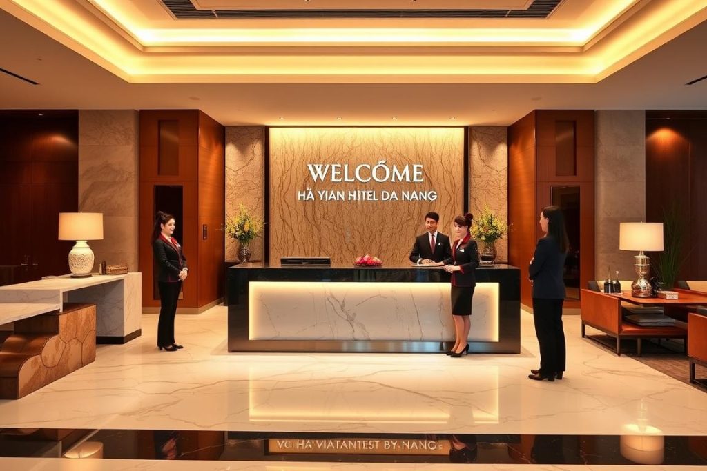 Hotel reception desk in Da Nang with welcoming staff, important for best hotels in Da Nang for young travelers best guest friendly hotels in da nang for young travelers