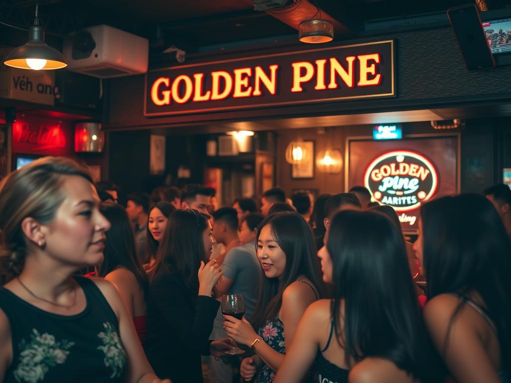 Interior of Golden Pine Pub in Da Nang showing mixed crowd